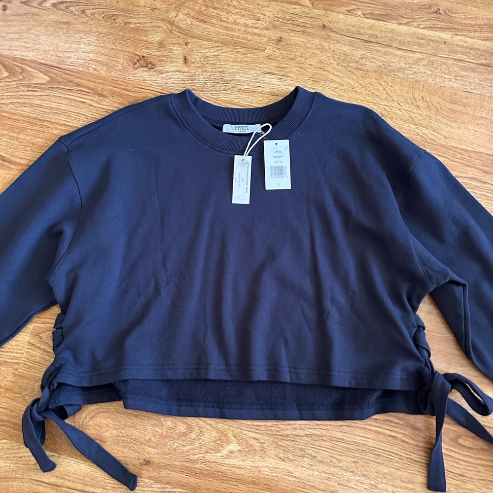 NWT La PORTE Navy Sweatshirt Side Ties L